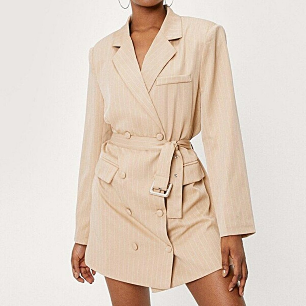 Nasty Gal Beige Pinstripe Blazer Mini Dress 4 Womens